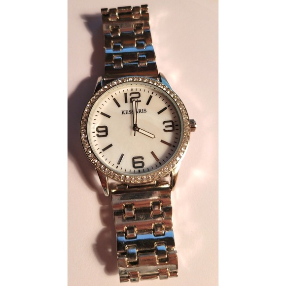 KESSARIS silver Tone Rhinestone Bezel Quartz Watch Cream Dial
